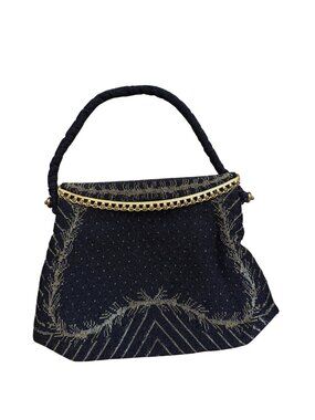 Vintage Black & Gold Beaded Handbag With Embroidered Chevron Design And Gold Met